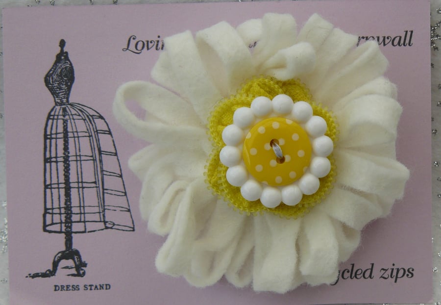 White and Yellow Felt and Recycled Zip Corsage Brooch