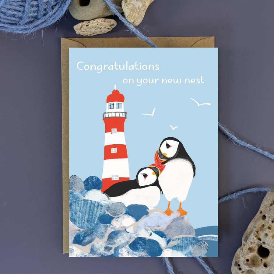 New home new house congratulations card - puffin Lighthouse coastal blank inside