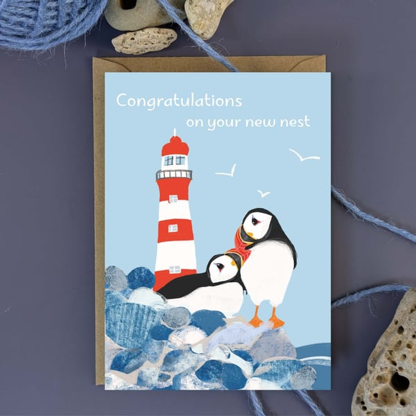 New home new house congratulations card - puffin Lighthouse coastal blank inside