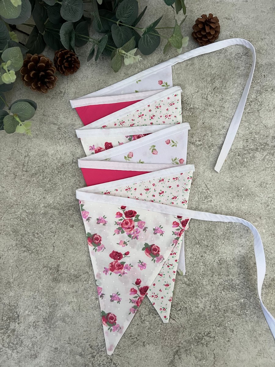 Handmade Fabric Bunting: 8 Flags in Pink & White Florals & Plain Fabric