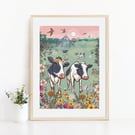 Glastonbury Cows Illustration Print A4 Unframed, Moo-Sic Festival Wall Art