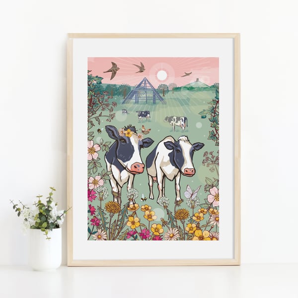 Glastonbury Cows Illustration Print A4 Unframed, Moo-Sic Festival Wall Art
