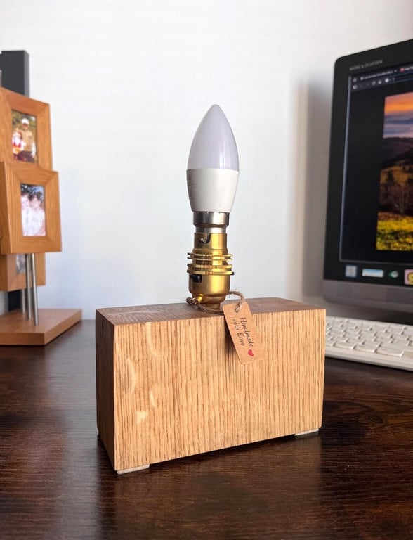 Horizontal Low Profile Oak Table Lamp – Handmade Rustic Wooden Light