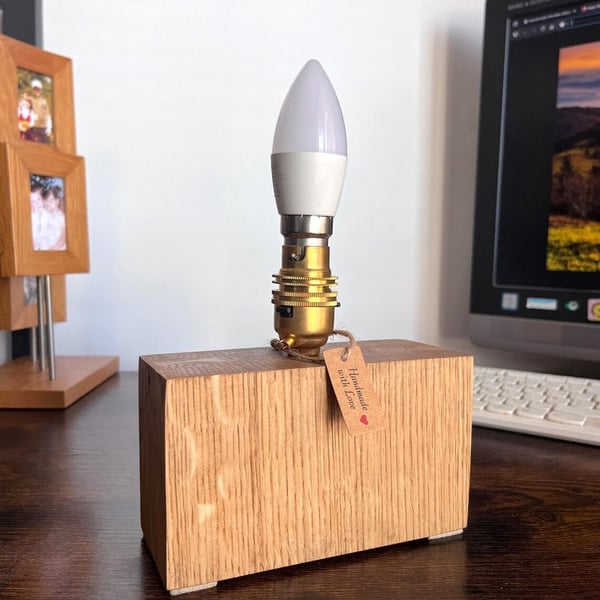 Horizontal Low Profile Oak Table Lamp – Handmade Rustic Wooden Light