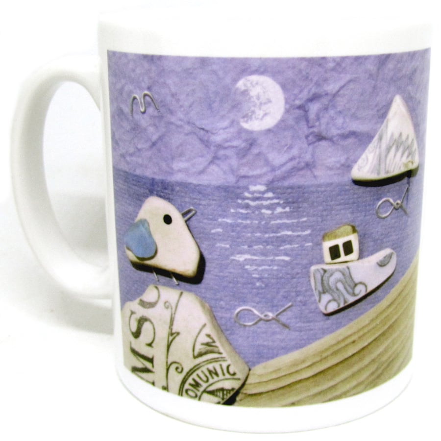 Seaside Mug & Gift Box - Seagull, Boat, Lighthouse - Handmade Coastal Pebble Art