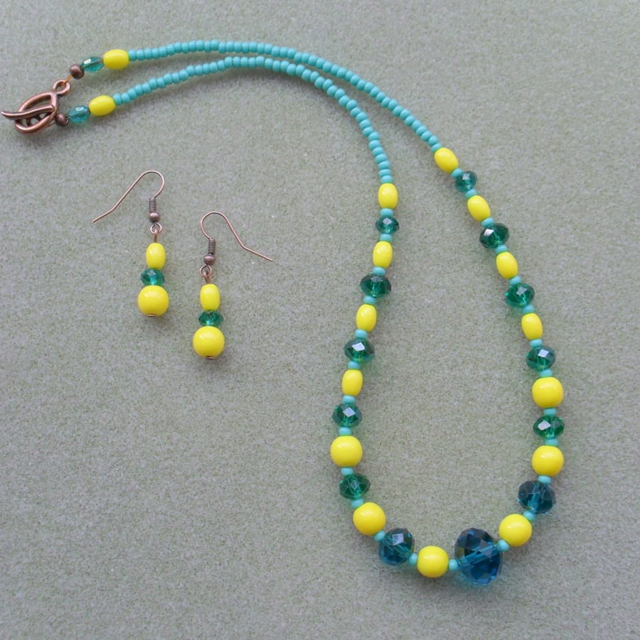 Clearance Teal and Yellow Czech Glass Beads and Crystal Necklace and Earring Set