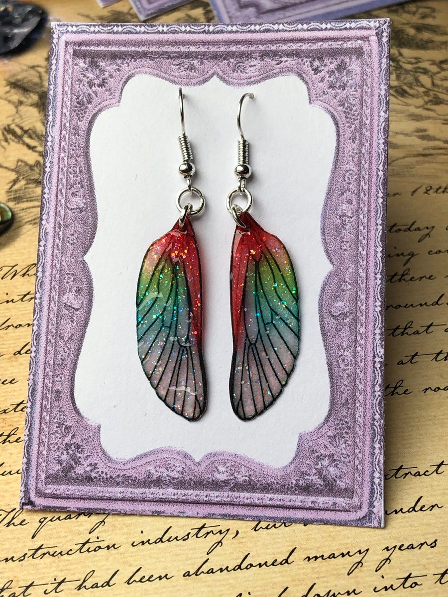 Red and Green Sterling Silver Fairy Wing Earrings