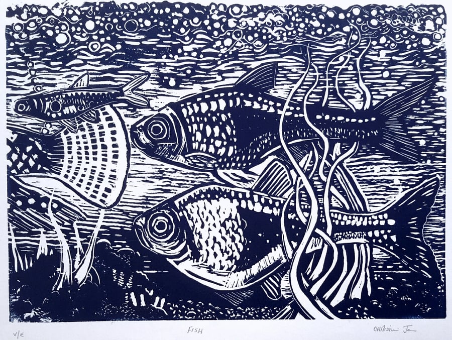 Fish linocut print in Navy blue