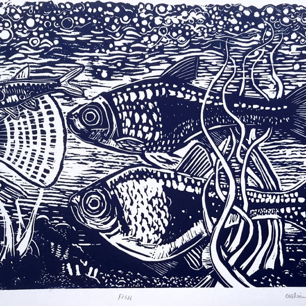 Fish linocut print in Navy blue