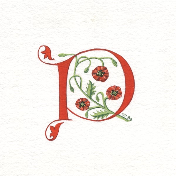 Letter in red with poppies custom letter.