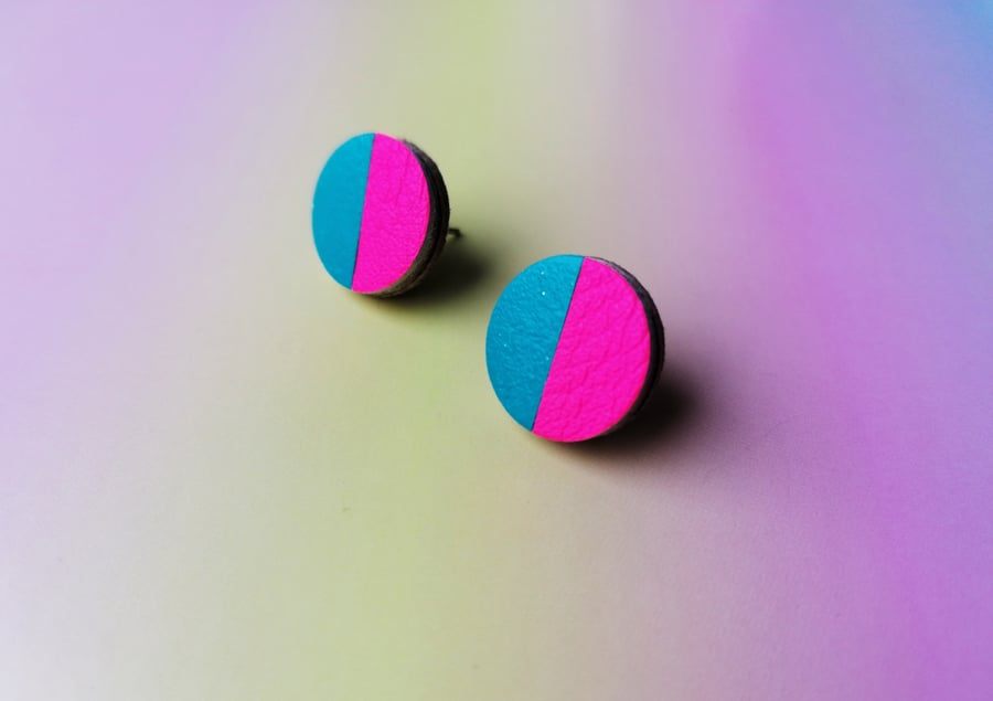 Dual Colour Round Studs - Turquoise & Neon Pink