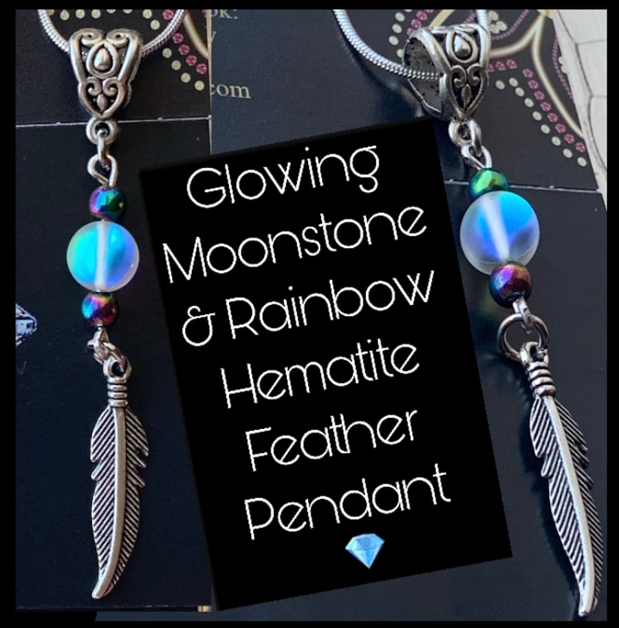 Beautiful Feather Gemstone Pendant Moonstone Rainbow Hematite 925 Chain 