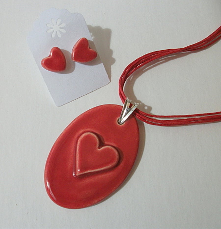 Sale - Ruby red ceramic pendant necklace and earrings - sterling silver