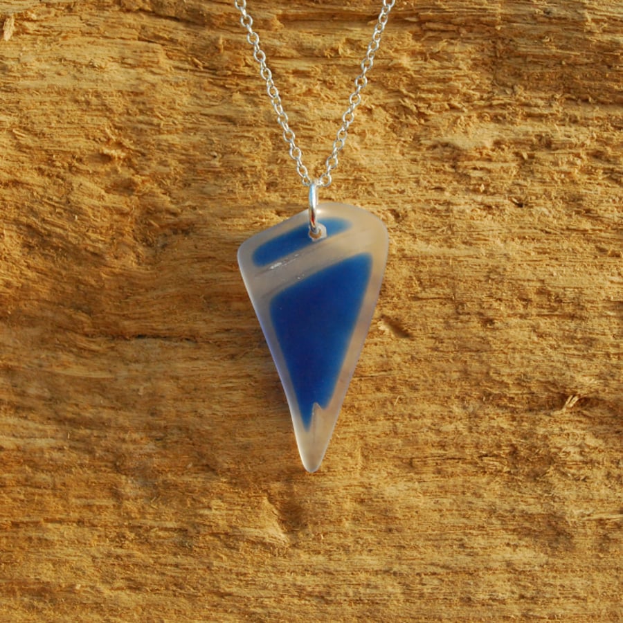 Blue patterned beach glass pendant