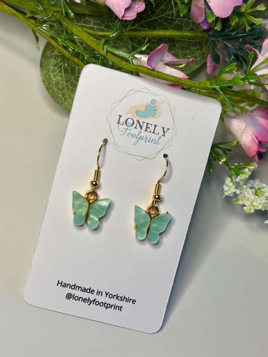 Mint Green Butterfly Earrings, Charm Earrings, Handmade Jewellery 