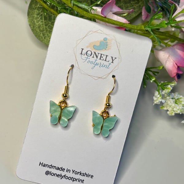 Mint Green Butterfly Earrings, Charm Earrings, Handmade Jewellery 