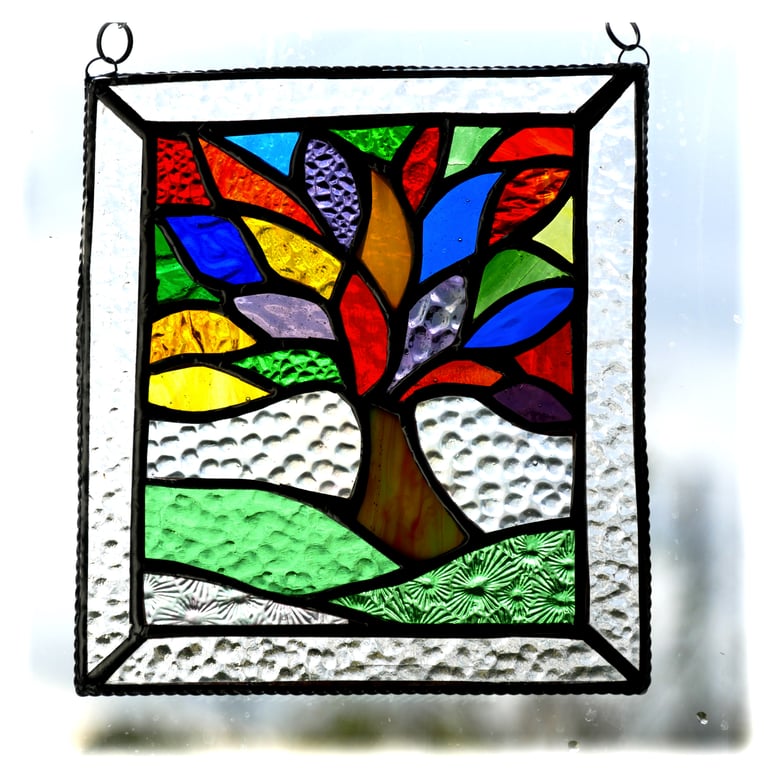 Rainbow Tree of Life Suncatcher Leaf Stained Glass Picture 016