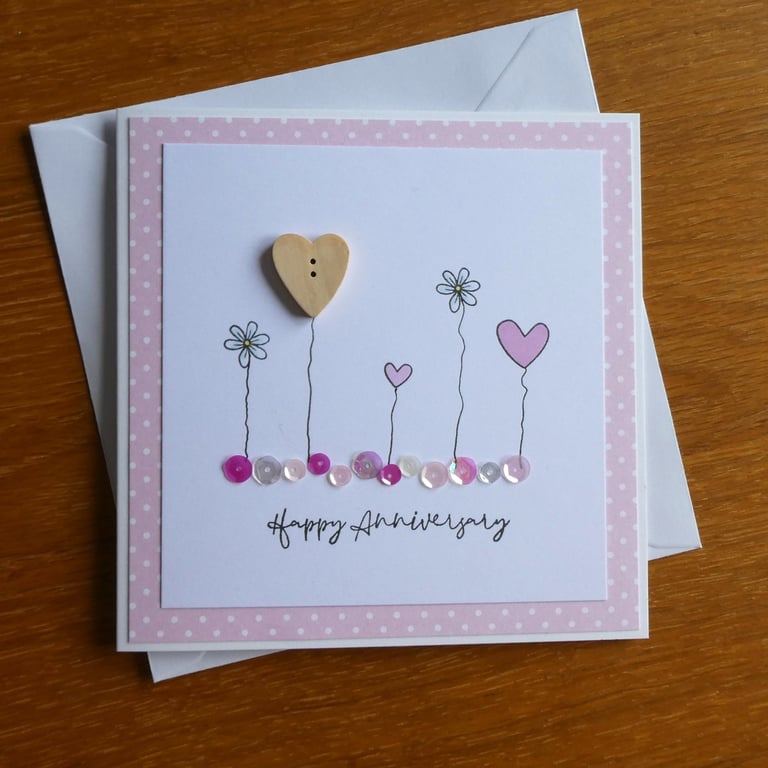 Happy Anniversary Card - Hearts, Flowers and Sequins