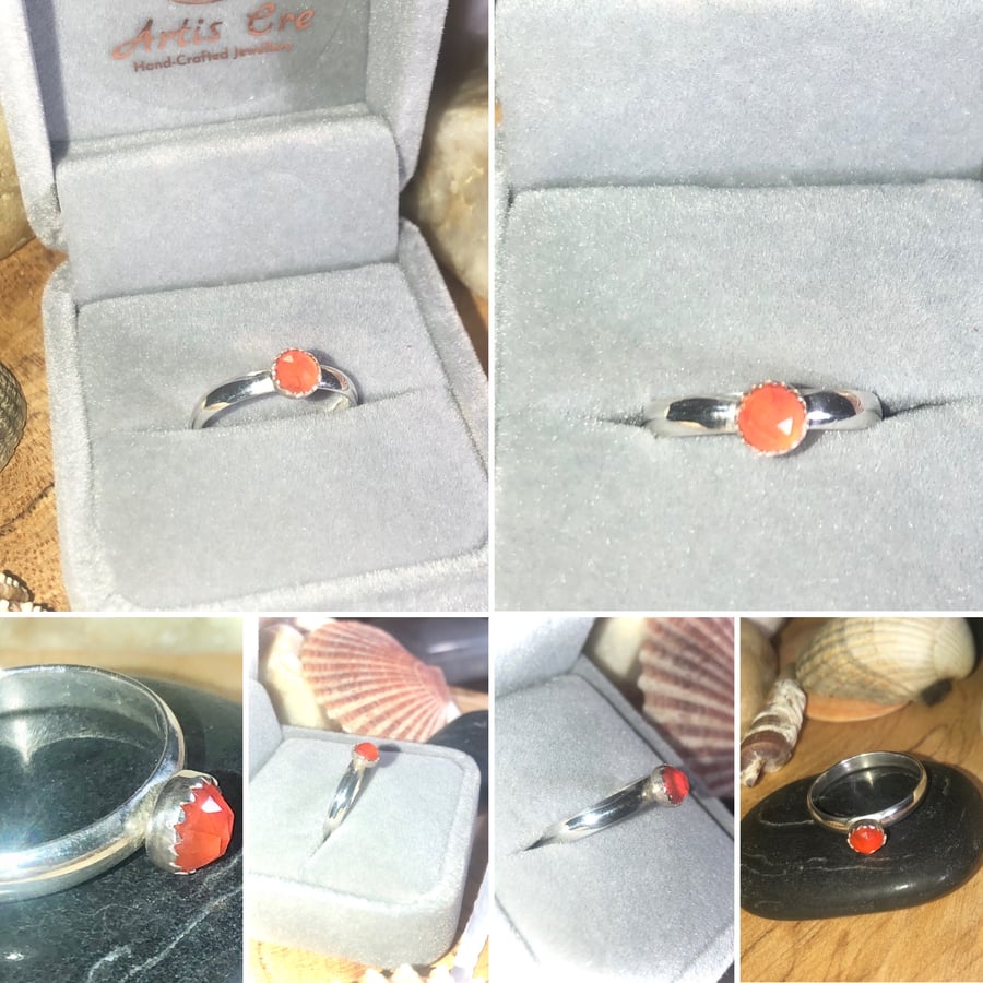 Natural red Carnelian faceted gemstone ring sterling silver uk size O