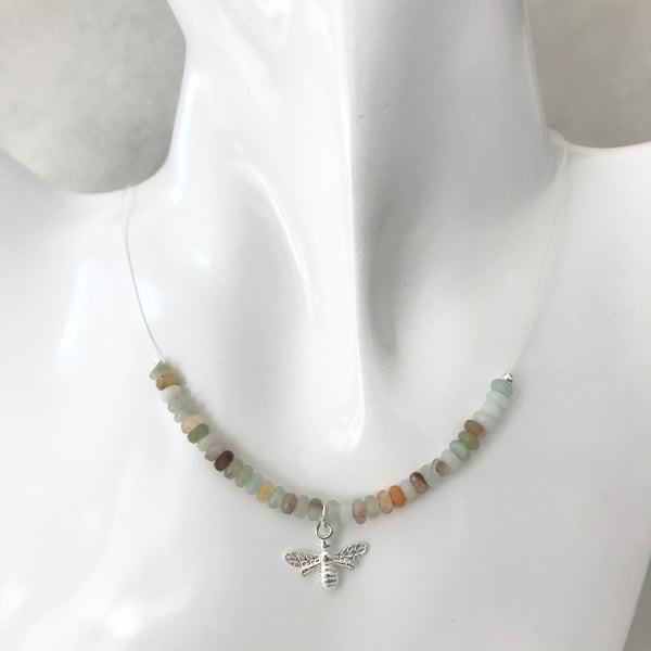 Amazonite gemstone necklace with sterling silver bee charm