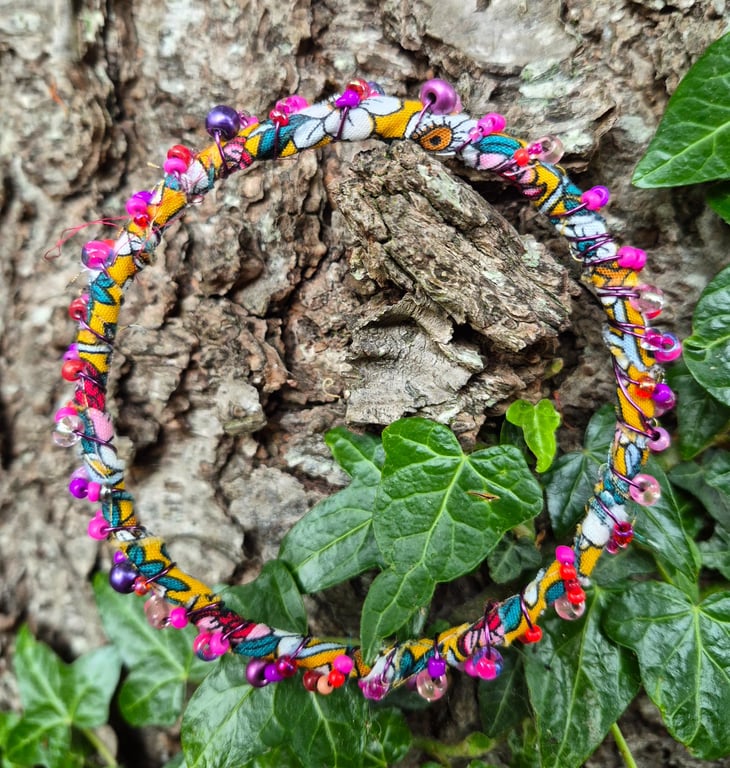 Wire, Bead and Fabric Wrapped Bracelet 