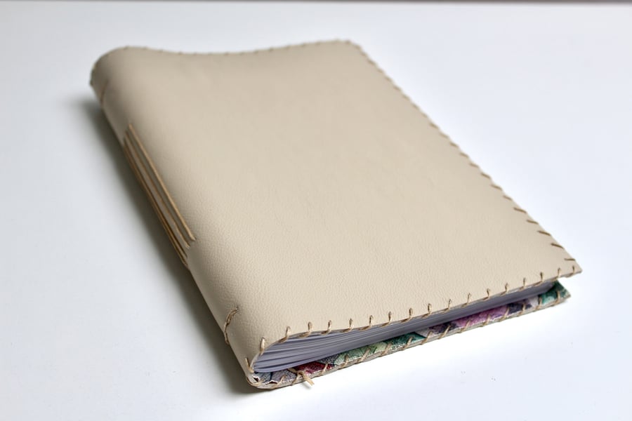 A5 Cream Leather handmade notebook with fabric lining  and lined paper 