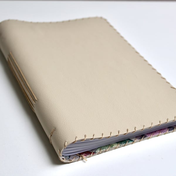 A5 Cream Leather handmade notebook with fabric lining  and lined paper 