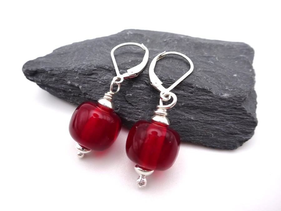 lampwork glass red earrings, sterling silver jewellery