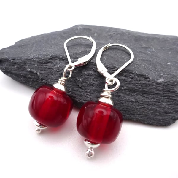 lampwork glass red earrings, sterling silver jewellery