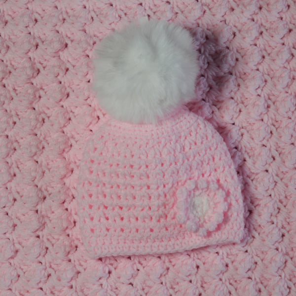 Handmade Crochet Baby Girl Hat with Floral Applique and Faux Fur Pom Pom 