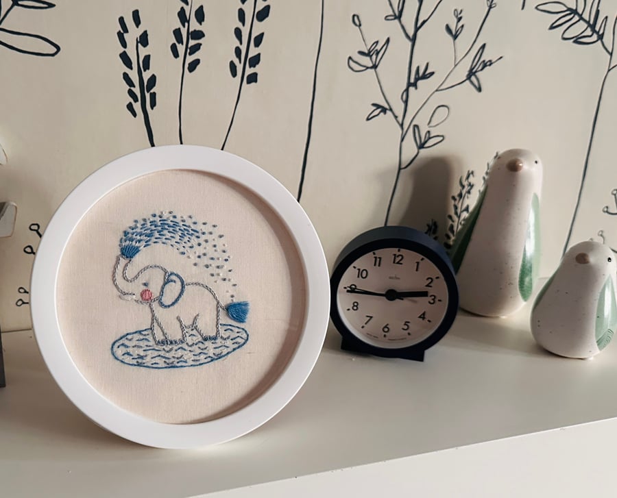 Baby boy gift, embroidered picture, cute elephant spraying water in a pool.