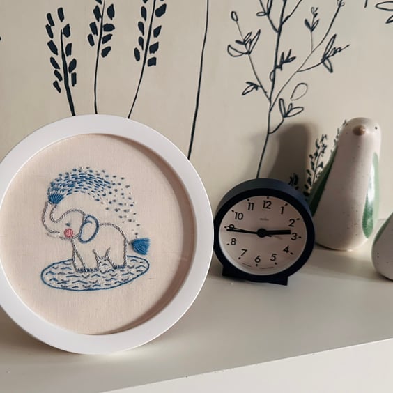 Baby boy gift, embroidered picture, cute elephant spraying water in a pool.
