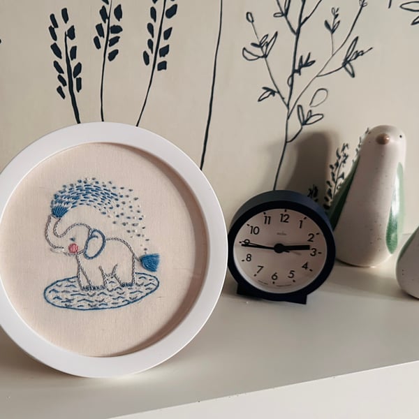 Baby boy gift, embroidered picture, cute elephant spraying water in a pool.