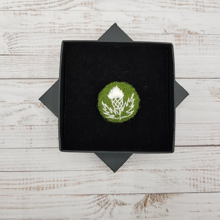Emerald green embroidery brooch pin with Scottish thistle design
