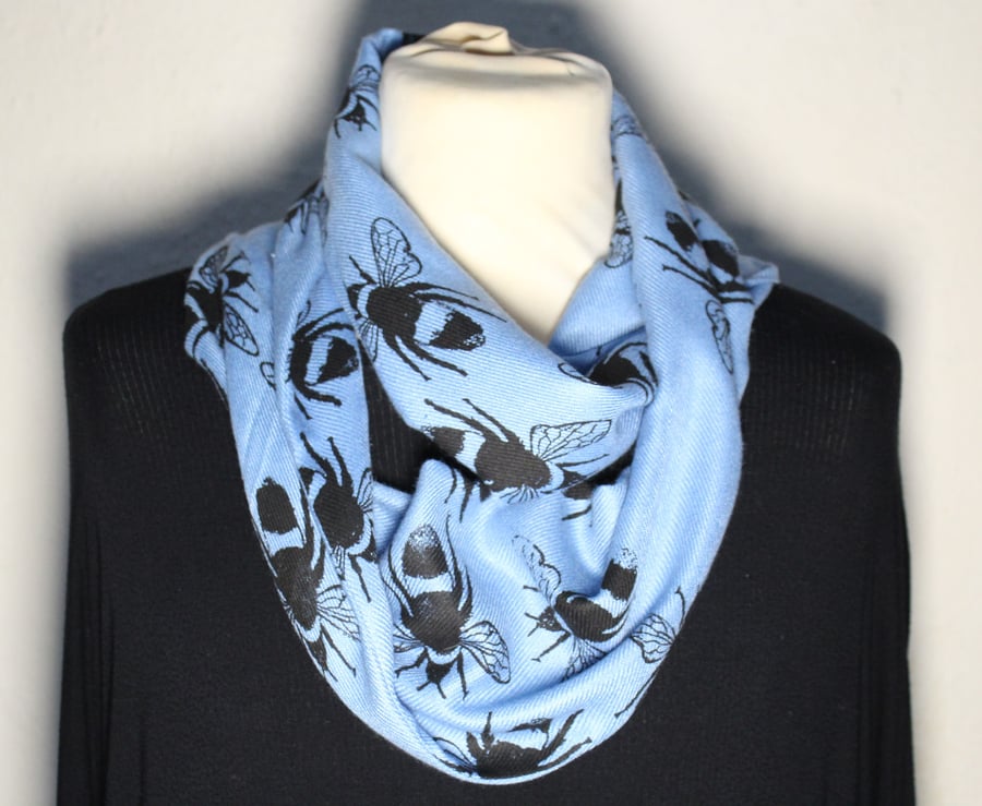 Blue ombre bee print, designer scarf, hand printed,cotton blend scarf,ECO  gift