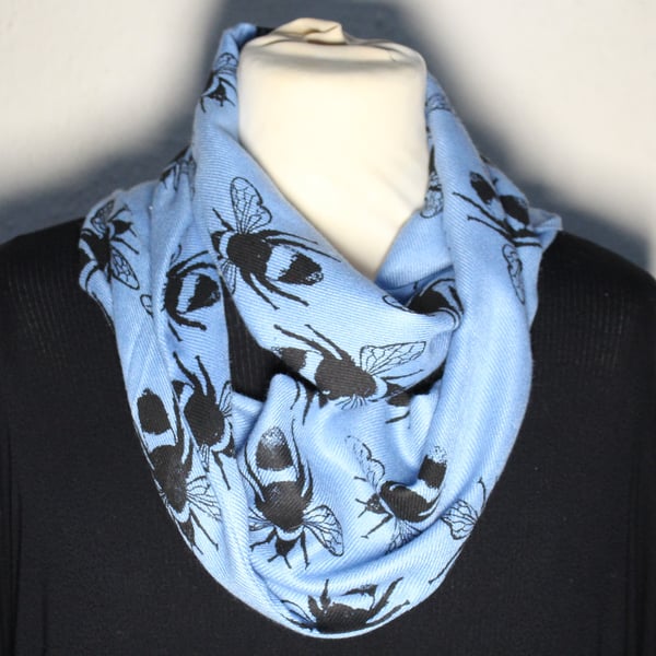 Blue ombre bee print, designer scarf, hand printed,cotton blend scarf,ECO  gift