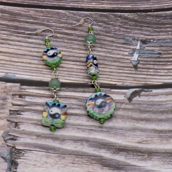 Mismatched Dangle Earrings Green Aventurine, Yin Yang Glass Beads