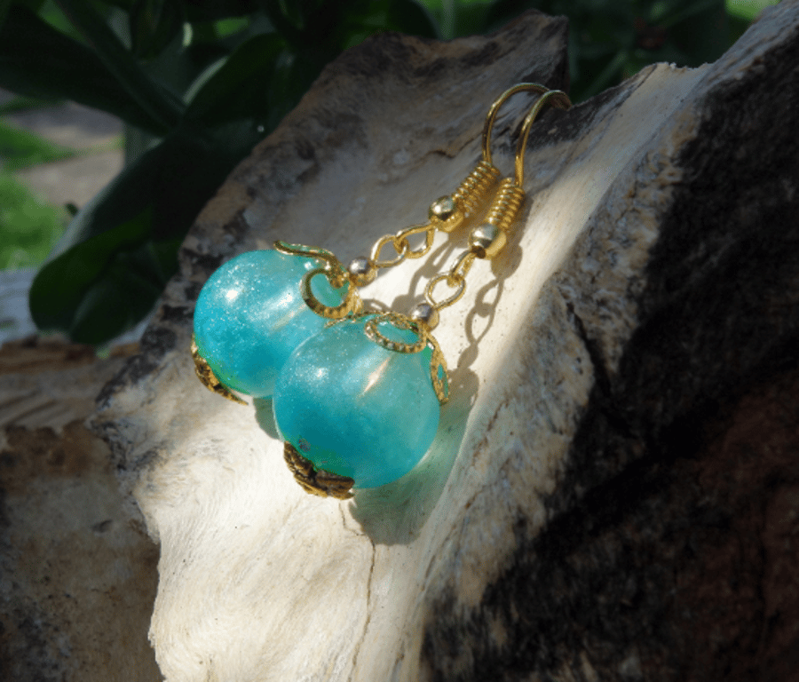 Aqua Blue Turquoise Pearl Shimmering Handcrafted Resin Earrings, Mermaid Wishes