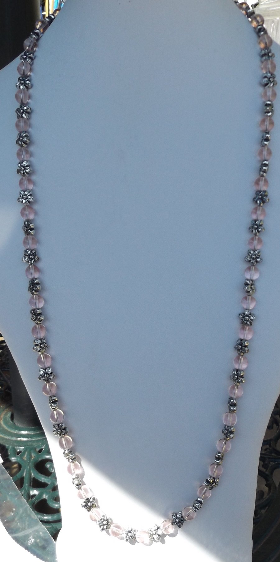Pale pink Glass 34" beaded necklace with acrylic flower spacers