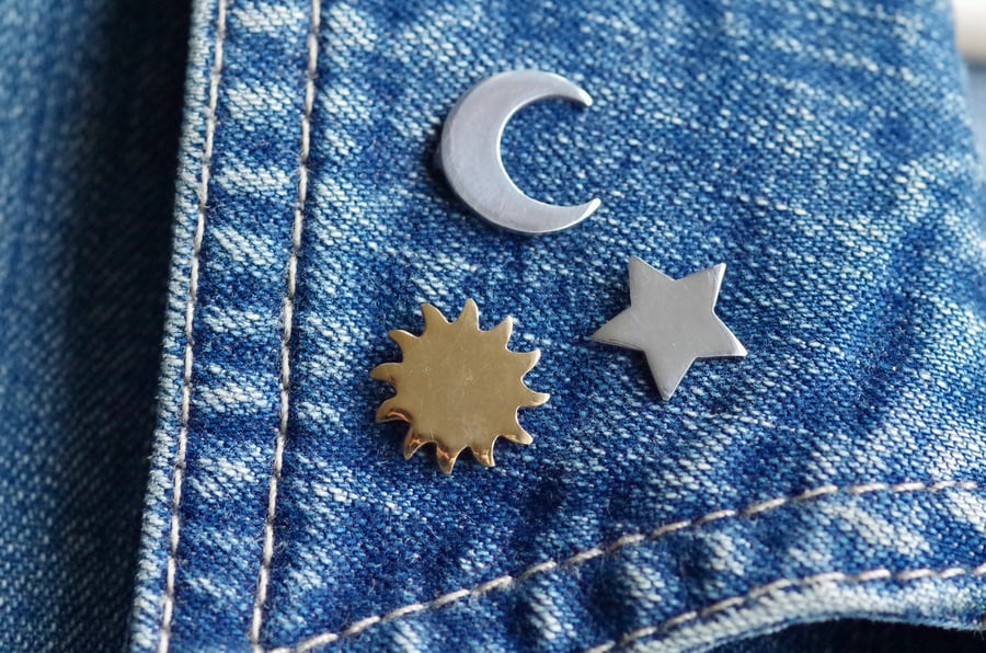 Sun Moon and Star lapel pins set - Handmade Sterling silver badge brooch