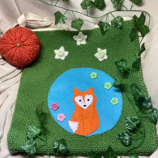 Hand Knitted Green Tote Bag with Applique Felt Fox Design. OOAK Free Postage.
