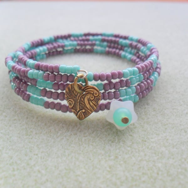 Turquoise and Mauve Memory Wire Bracelet