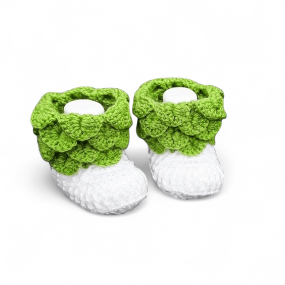 Hand crochet baby booties crocodile stitch green and white 