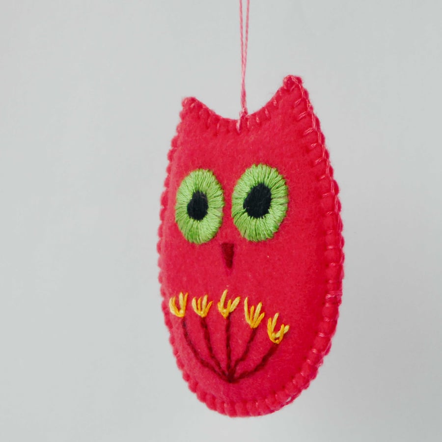 intense pink hand embroidered felt owl hanging decoration