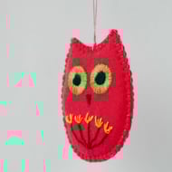 intense pink hand embroidered felt owl hanging decoration