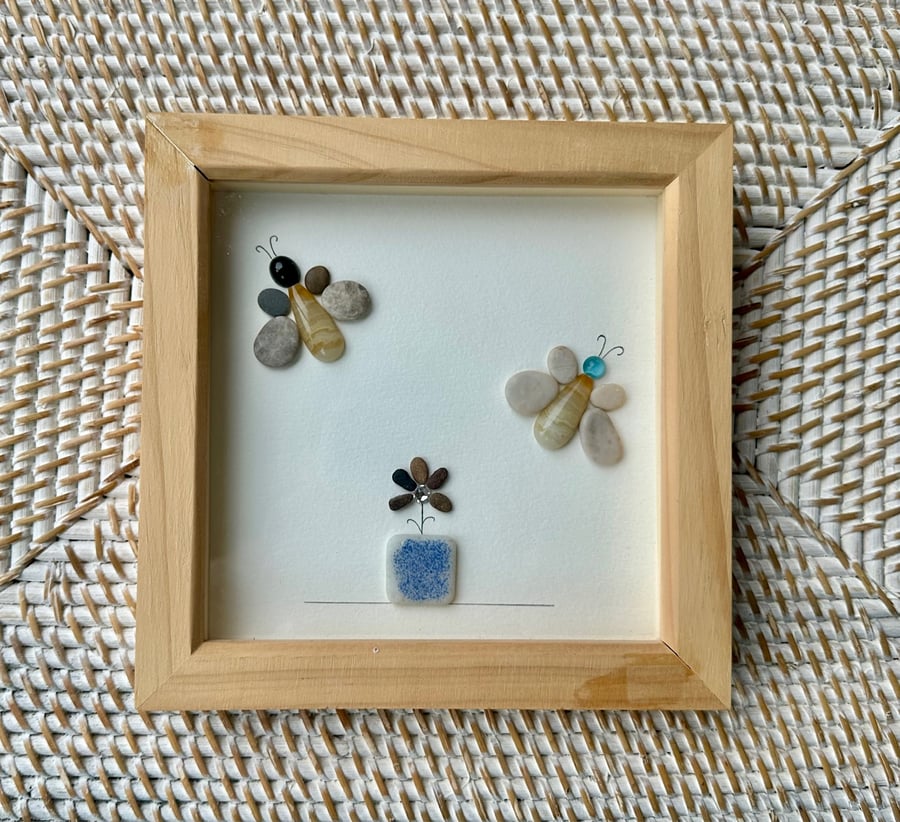 Pebble Art Butterflies and Flower Handcrafted Wall Art