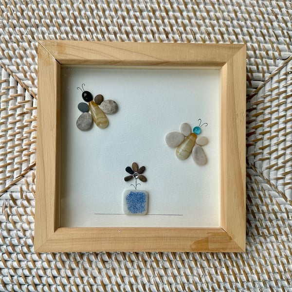 Pebble Art Butterflies and Flower Handcrafted Wall Art