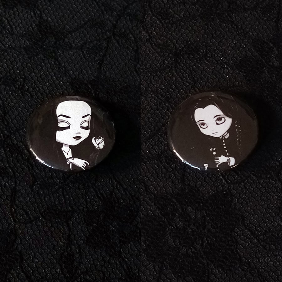 Morticia and Wednesday Addams Pullip Doll Drawings as 25mm button pin badges