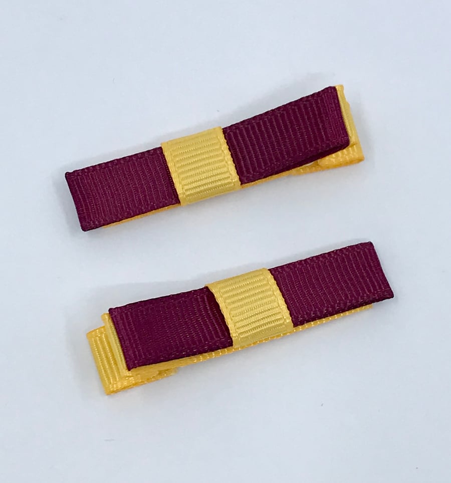 School Small Straight Wine and Yellow Gold Bow Clips (pair)