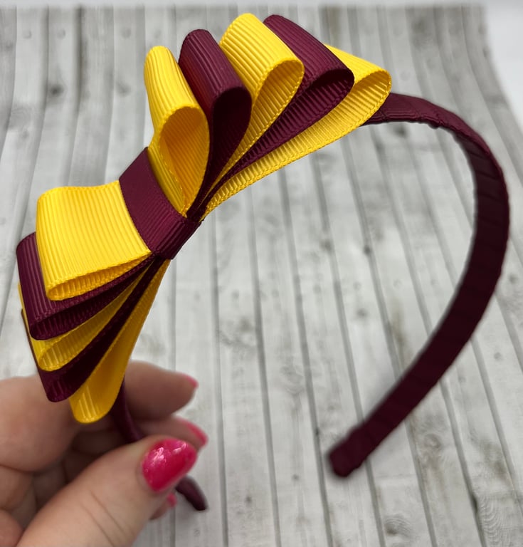 School Wine and Yellow Gold Hairband with 5 Layer Two-tone Straight Bow
